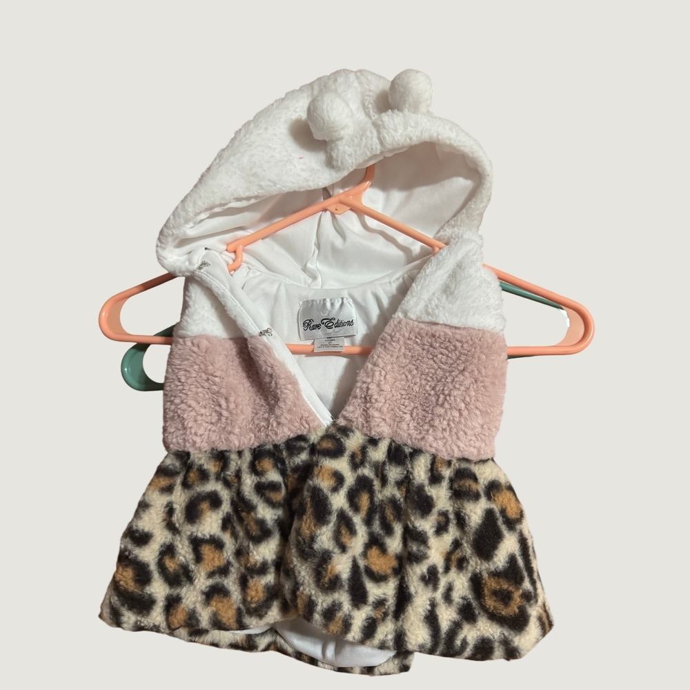Rare Editions Toddler Girl Faux Fur Hooded Vest Leopard Print Pink White 2T